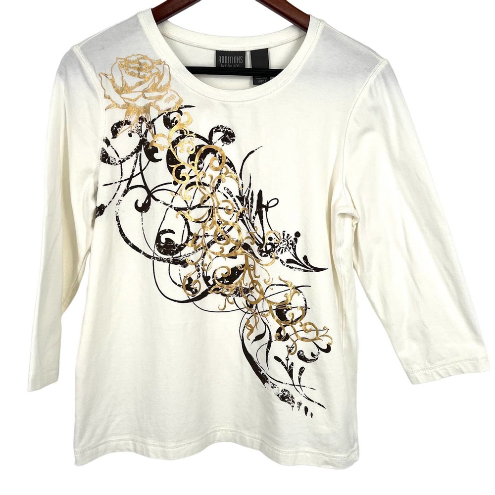 Chicos Additions Sz 1 MEDIUM 3/4 Sleeve White Gold Blouse Shirt Top Floral Rose